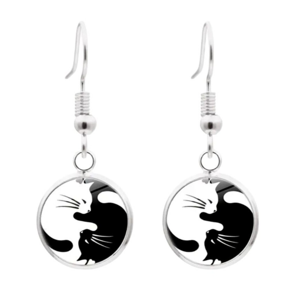 Black White Yin Yang Cat Cats Kittens Under Glass Dome Earrings Women Teens